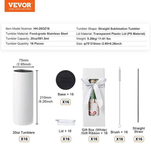 Alt view image 7 of 7 - VEVOR 16 Pack Sublimation Tumblers 20oz Skinny Straight, Stainless Steel Sublimation Tumblers Blank, Stainless Steel Double Wall Tumbler for Heat Transfer Customized Gifts with Lid and Straw, Gift Box