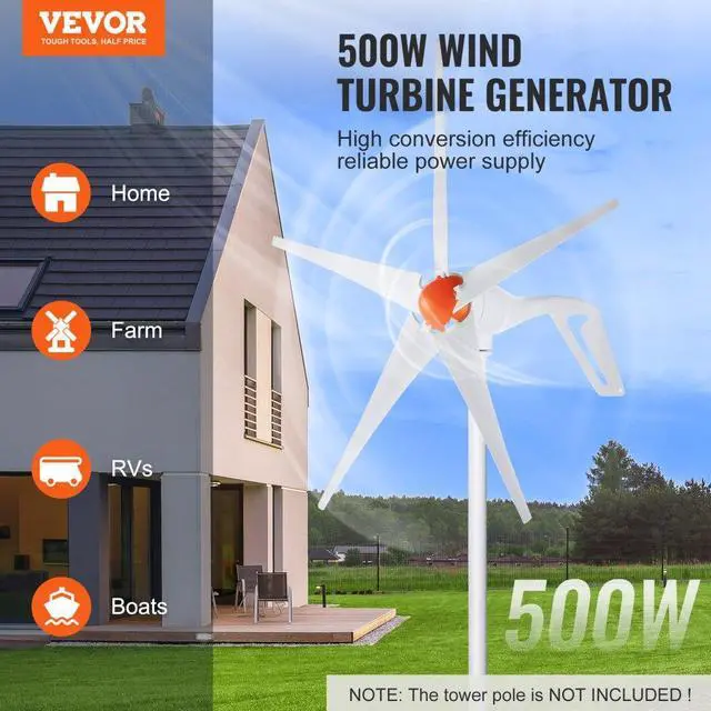 Alt view image 2 of 7 - VEVOR 500W Wind Turbine Generator, 12V Wind Turbine Kit, 5-Blade Wind Power Generator with MPPT Controller, Adjustable Windward Direction & 2.5m/s Start Wind Speed, Suitable for Home, Farm, RVs, Boats