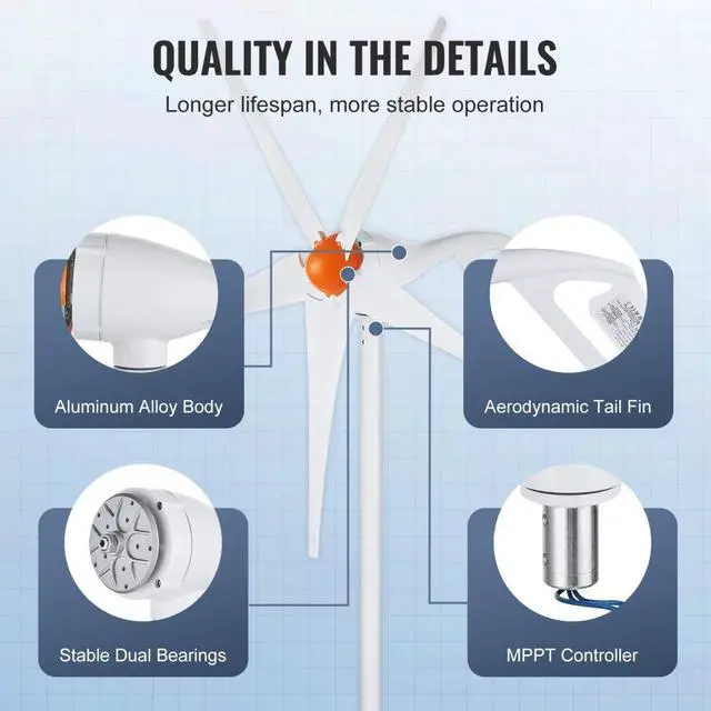 Alt view image 7 of 7 - VEVOR 500W Wind Turbine Generator, 12V Wind Turbine Kit, 5-Blade Wind Power Generator with MPPT Controller, Adjustable Windward Direction & 2.5m/s Start Wind Speed, Suitable for Home, Farm, RVs, Boats