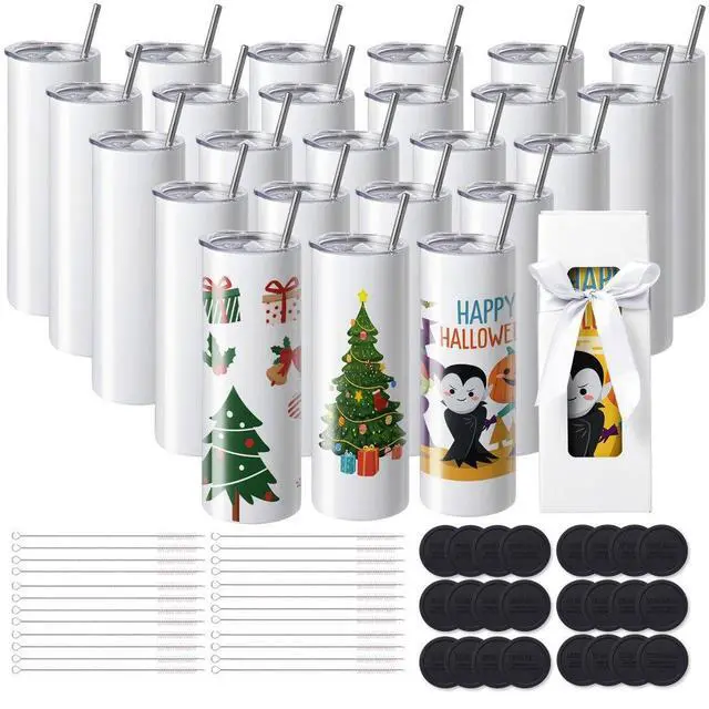 Main image of VEVOR 24 Pack Sublimation Tumblers 20oz Skinny Straight, Stainless Steel Sublimation Tumblers Blank, Stainless Steel Double Wall Tumbler for Heat Transfer Customized Gifts with Lid and Straw, Gift Box