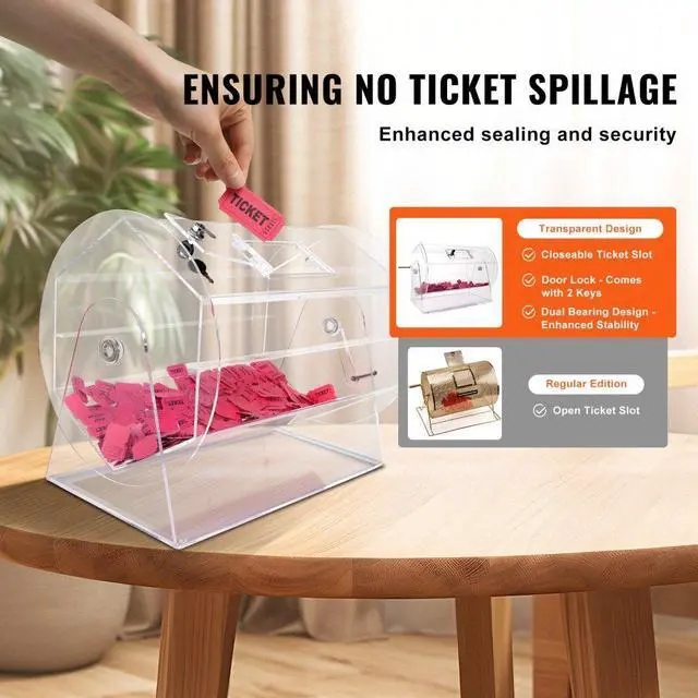 Alt view image 4 of 7 - VEVOR  Acrylic Raffle Drum,Professional Raffle Ticket Spinning Cage with 2 Keys, Transparent Lottery Spinning Drawing, Holds 10000 Tickets or 300 Raffle Balls, Raffle Ticket Box for Lottery Games Bing