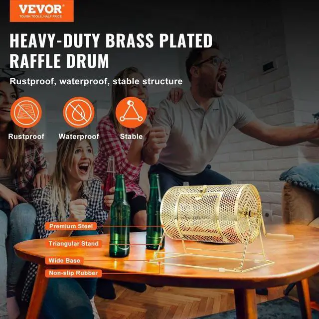 Alt view image 2 of 7 - VEVOR Raffle Drum,Holds 2500 Tickets or 100 Ping Pong Balls, Metal Lottery Spinning Drawing with Wooden Turning Handle,11.6 x Ø7.48 inch Brass Plated Raffle Ticket Spinning Cage, for Bingo Ballot Pa