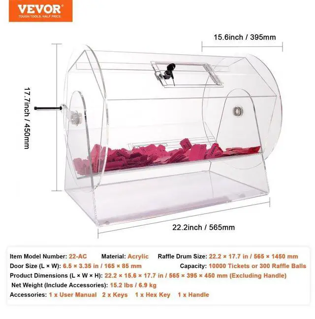 Alt view image 7 of 7 - VEVOR  Acrylic Raffle Drum,Professional Raffle Ticket Spinning Cage with 2 Keys, Transparent Lottery Spinning Drawing, Holds 10000 Tickets or 300 Raffle Balls, Raffle Ticket Box for Lottery Games Bing