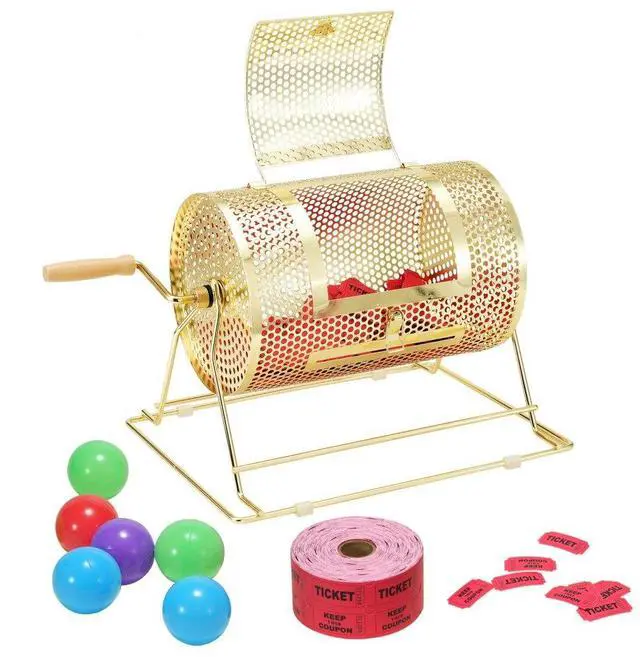 Main image of VEVOR Raffle Drum,Holds 2500 Tickets or 100 Ping Pong Balls, Metal Lottery Spinning Drawing with Wooden Turning Handle,11.6 x Ø7.48 inch Brass Plated Raffle Ticket Spinning Cage, for Bingo Ballot Pa