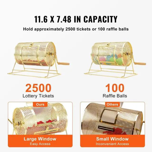 Alt view image 3 of 7 - VEVOR Raffle Drum,Holds 2500 Tickets or 100 Ping Pong Balls, Metal Lottery Spinning Drawing with Wooden Turning Handle,11.6 x Ø7.48 inch Brass Plated Raffle Ticket Spinning Cage, for Bingo Ballot Pa