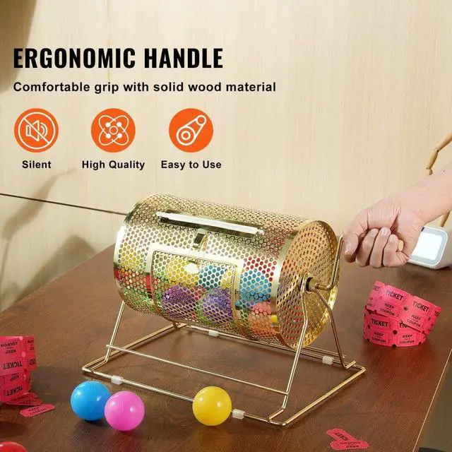 Alt view image 5 of 7 - VEVOR Raffle Drum,Holds 2500 Tickets or 100 Ping Pong Balls, Metal Lottery Spinning Drawing with Wooden Turning Handle,11.6 x Ø7.48 inch Brass Plated Raffle Ticket Spinning Cage, for Bingo Ballot Pa
