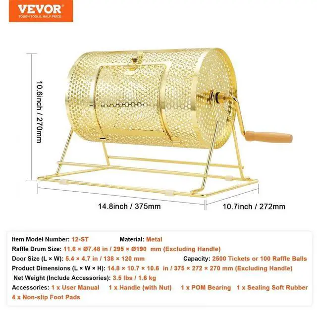 Alt view image 7 of 7 - VEVOR Raffle Drum,Holds 2500 Tickets or 100 Ping Pong Balls, Metal Lottery Spinning Drawing with Wooden Turning Handle,11.6 x Ø7.48 inch Brass Plated Raffle Ticket Spinning Cage, for Bingo Ballot Pa