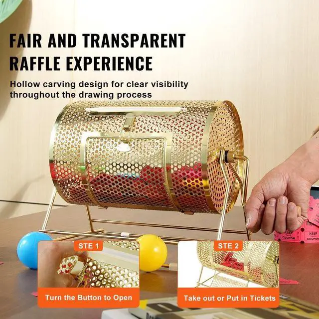 Alt view image 6 of 7 - VEVOR Raffle Drum,Holds 2500 Tickets or 100 Ping Pong Balls, Metal Lottery Spinning Drawing with Wooden Turning Handle,11.6 x Ø7.48 inch Brass Plated Raffle Ticket Spinning Cage, for Bingo Ballot Pa