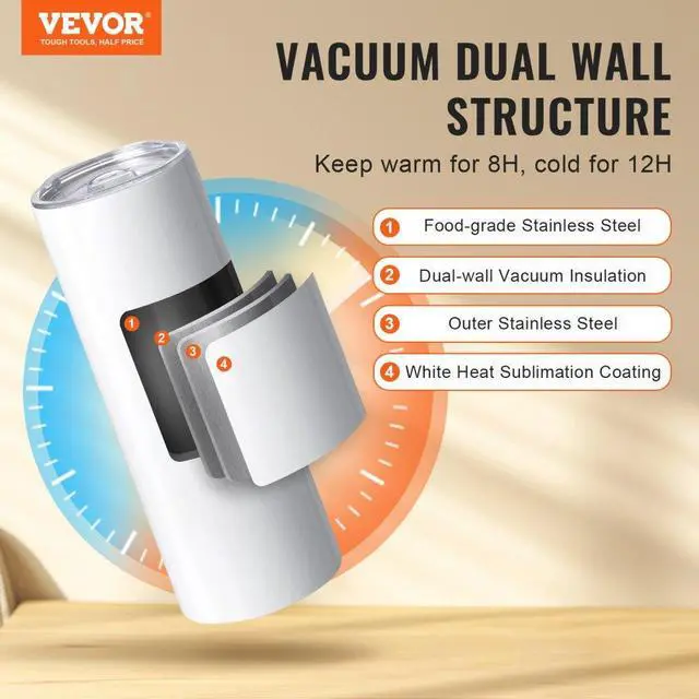 Alt view image 2 of 7 - VEVOR 8 Pack Sublimation Tumblers 20 Oz Skinny Straight, Stainless Steel Sublimation Tumblers Blank, Stainless Steel Double Wall Tumbler for Heat Transfer Customized Gifts with Lid and Straw, Gift Box