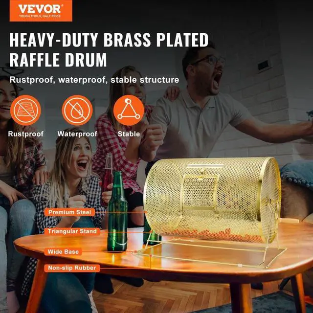 Alt view image 2 of 14 - VEVOR Raffle Drum,Holds 10000 Tickets or 300 Ping Pong Balls, Metal Lottery Spinning Drawing with Wooden Turning Handle, 14.8 x Ø21.26 inch Brass Plated Raffle Ticket Spinning Cage, for Bingo Ballot