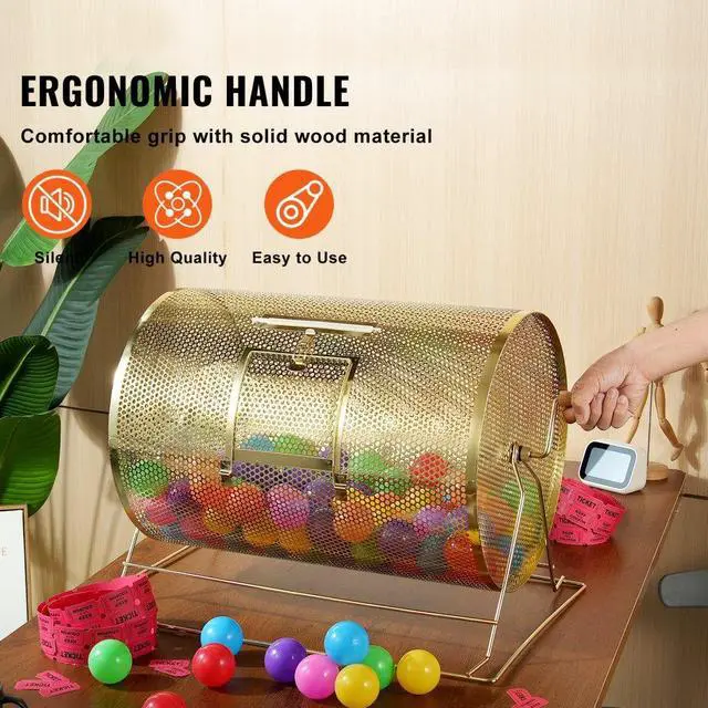 Alt view image 5 of 14 - VEVOR Raffle Drum,Holds 10000 Tickets or 300 Ping Pong Balls, Metal Lottery Spinning Drawing with Wooden Turning Handle, 14.8 x Ø21.26 inch Brass Plated Raffle Ticket Spinning Cage, for Bingo Ballot