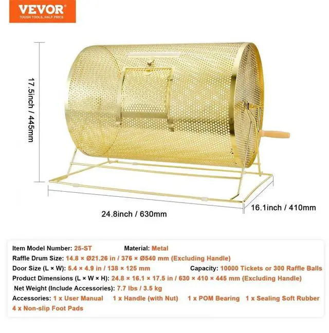 Alt view image 7 of 14 - VEVOR Raffle Drum,Holds 10000 Tickets or 300 Ping Pong Balls, Metal Lottery Spinning Drawing with Wooden Turning Handle, 14.8 x Ø21.26 inch Brass Plated Raffle Ticket Spinning Cage, for Bingo Ballot