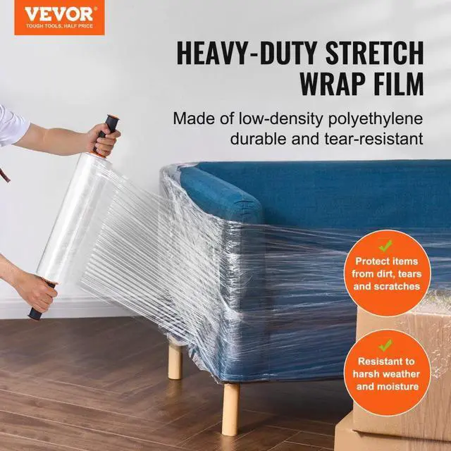 Alt view image 2 of 7 - VEVOR Stretch Film, 15 inches x 1200 feet, 2 Pack, 80 Gauge Industrial Strength Clear Durable Stretch Wrap Roll, Heavy Duty Shrink Film Stretch Wrap with Handles for Pallet Wrapping Shipping Moving
