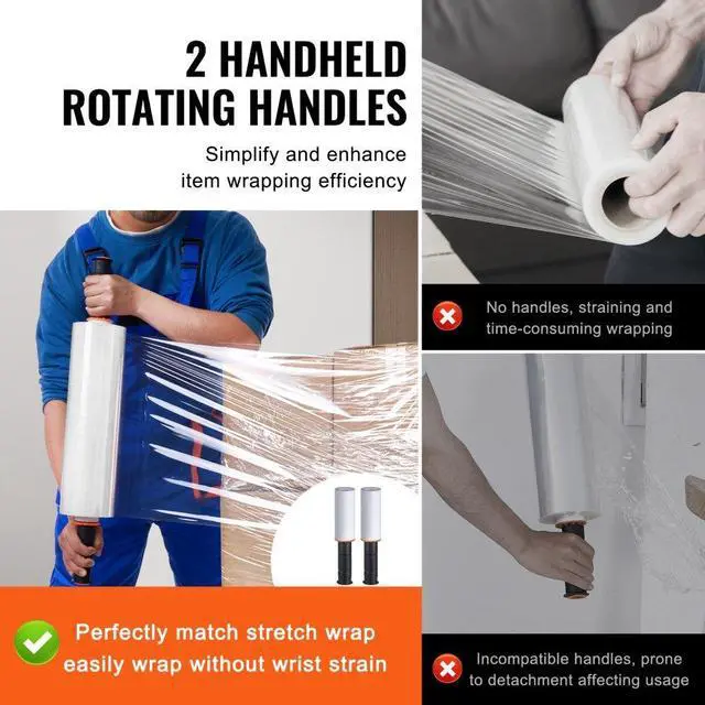 Alt view image 4 of 7 - VEVOR Stretch Film, 15 inches x 1200 feet, 2 Pack, 80 Gauge Industrial Strength Clear Durable Stretch Wrap Roll, Heavy Duty Shrink Film Stretch Wrap with Handles for Pallet Wrapping Shipping Moving
