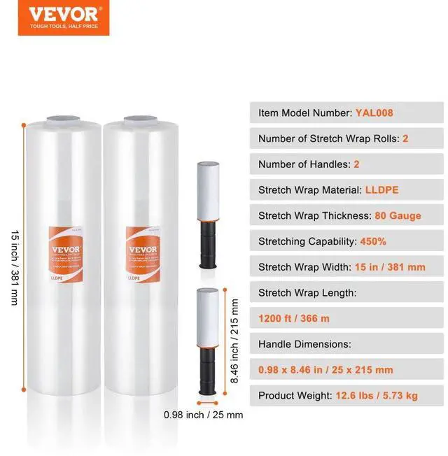 Alt view image 7 of 7 - VEVOR Stretch Film, 15 inches x 1200 feet, 2 Pack, 80 Gauge Industrial Strength Clear Durable Stretch Wrap Roll, Heavy Duty Shrink Film Stretch Wrap with Handles for Pallet Wrapping Shipping Moving