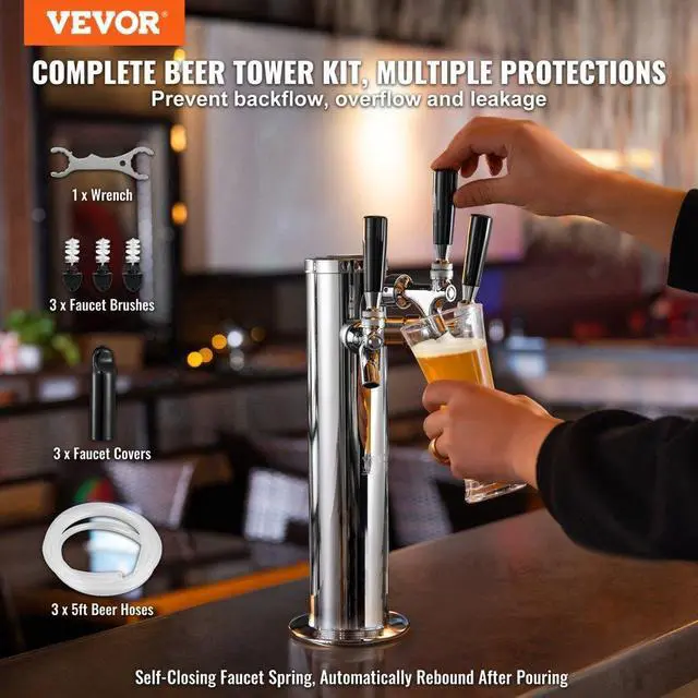 Alt view image 2 of 14 - VEVOR Triple Taps Draft Beer Tower Dispenser, Stainless Steel Keg Beer Tower, Kegerator Tower Kit with Pre-Assembled Tubing and Self-Closing Faucet Shanks for Party, Bar, Pub, Restaurant