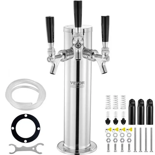 Main image of VEVOR Triple Taps Draft Beer Tower Dispenser, Stainless Steel Keg Beer Tower, Kegerator Tower Kit with Pre-Assembled Tubing and Self-Closing Faucet Shanks for Party, Bar, Pub, Restaurant