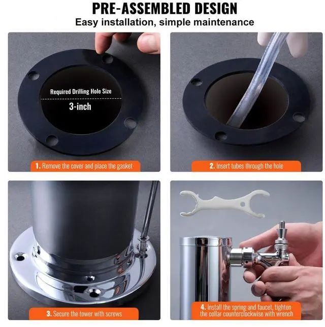 Alt view image 6 of 14 - VEVOR Triple Taps Draft Beer Tower Dispenser, Stainless Steel Keg Beer Tower, Kegerator Tower Kit with Pre-Assembled Tubing and Self-Closing Faucet Shanks for Party, Bar, Pub, Restaurant