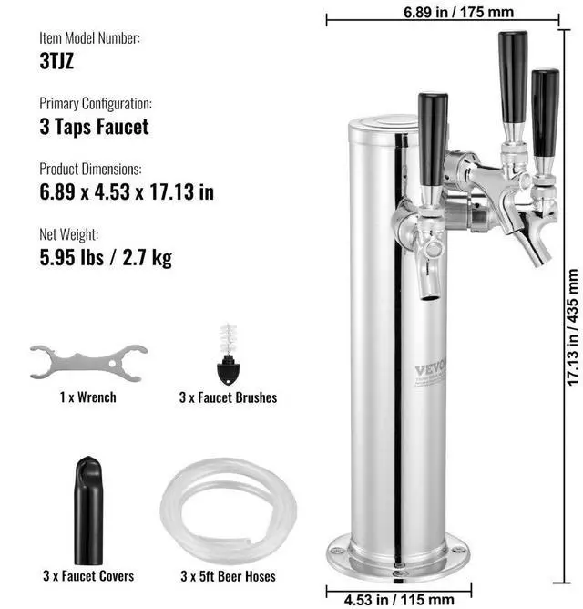 Alt view image 7 of 14 - VEVOR Triple Taps Draft Beer Tower Dispenser, Stainless Steel Keg Beer Tower, Kegerator Tower Kit with Pre-Assembled Tubing and Self-Closing Faucet Shanks for Party, Bar, Pub, Restaurant