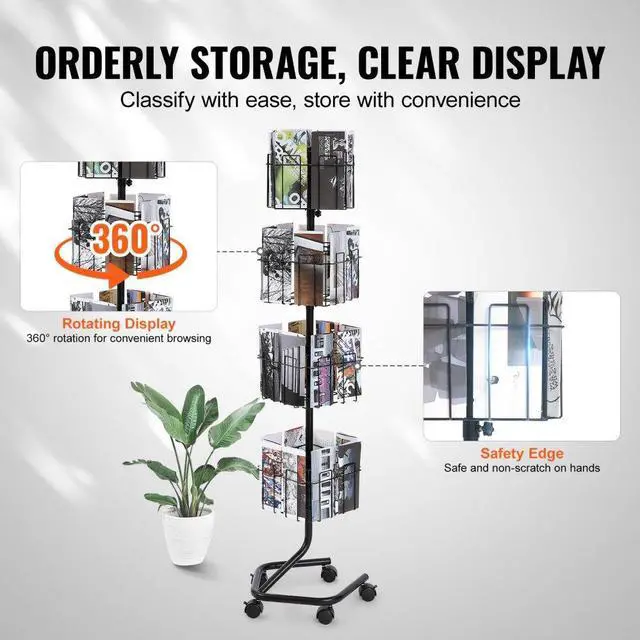 Alt view image 4 of 7 - VEVOR  Brochure Display Rack, 4-Tier 32 Pockets Rotating Magazine Literature Display Stand for Postcards, 360° Spinning Greeting Cards Rack with 5 Wheels (2 Lockable) for Shop Exhibitions Office