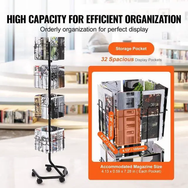 Alt view image 3 of 7 - VEVOR  Brochure Display Rack, 4-Tier 32 Pockets Rotating Magazine Literature Display Stand for Postcards, 360° Spinning Greeting Cards Rack with 5 Wheels (2 Lockable) for Shop Exhibitions Office