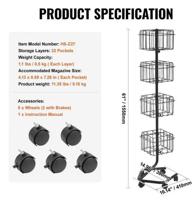 Alt view image 7 of 7 - VEVOR  Brochure Display Rack, 4-Tier 32 Pockets Rotating Magazine Literature Display Stand for Postcards, 360° Spinning Greeting Cards Rack with 5 Wheels (2 Lockable) for Shop Exhibitions Office