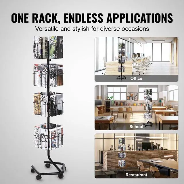 Alt view image 6 of 7 - VEVOR  Brochure Display Rack, 4-Tier 32 Pockets Rotating Magazine Literature Display Stand for Postcards, 360° Spinning Greeting Cards Rack with 5 Wheels (2 Lockable) for Shop Exhibitions Office