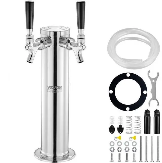 Main image of VEVOR Dual Taps Draft Beer Tower Dispenser, Stainless Steel Keg Beer Tower, Kegerator Tower Kit with Pre-Assembled Tubing and Self-Closing Faucet Shanks for Party, Bar, Pub, Restaurant