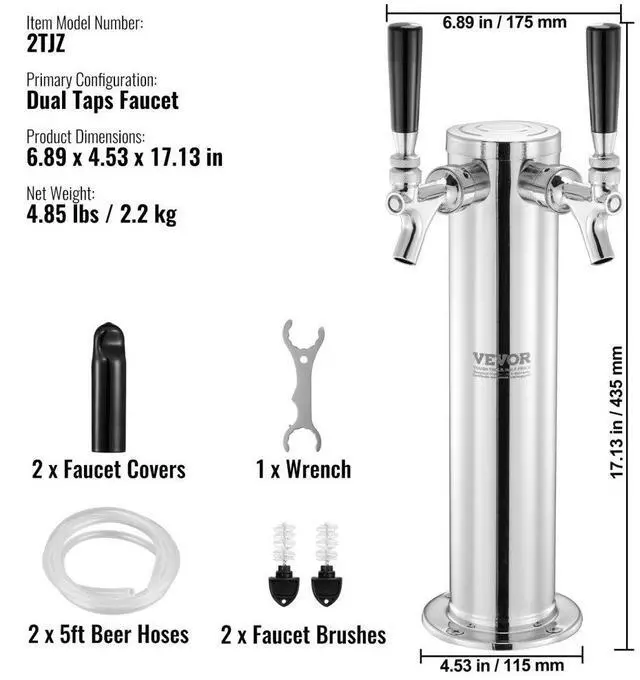 Alt view image 7 of 7 - VEVOR Dual Taps Draft Beer Tower Dispenser, Stainless Steel Keg Beer Tower, Kegerator Tower Kit with Pre-Assembled Tubing and Self-Closing Faucet Shanks for Party, Bar, Pub, Restaurant