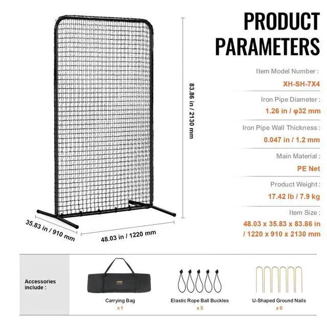 Alt view image 7 of 7 - VEVOR I Screen Baseball for Batting Cage, 7x4 ft Baseball Softball Safety Screen, Body Protector Portable Batting Screen with Carry Bag & Ground Stakes, Heavy Duty Pitching Net for Pitchers Protection