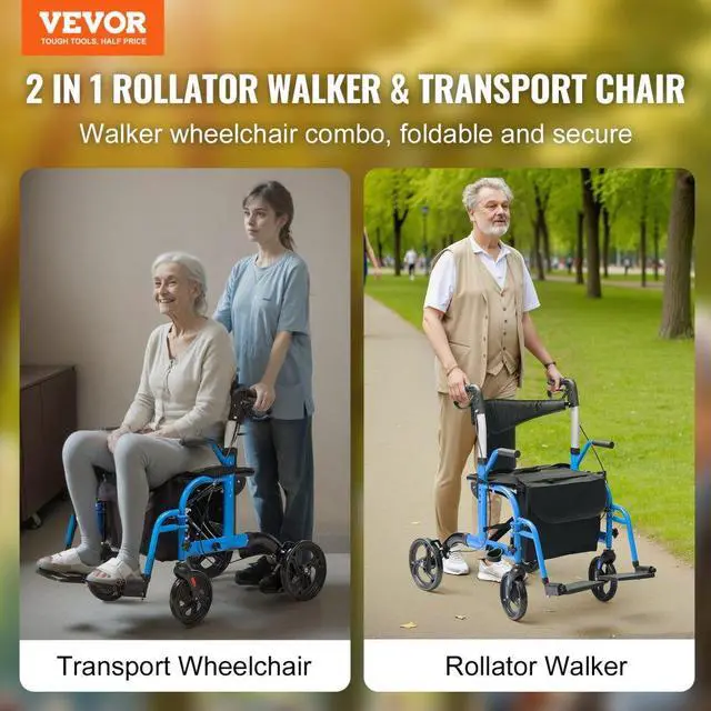 Alt view image 2 of 14 - VEVOR 2 in 1 Rollator Walker & Transport Chair for Seniors, Folding Rolling Walker Wheelchair Combo & Footrests, Lightweight Aluminum Mobility Walker with Adjustable Handle, All Terrain Wheels, 300LBS