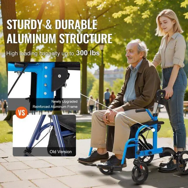 Alt view image 3 of 14 - VEVOR 2 in 1 Rollator Walker & Transport Chair for Seniors, Folding Rolling Walker Wheelchair Combo & Footrests, Lightweight Aluminum Mobility Walker with Adjustable Handle, All Terrain Wheels, 300LBS