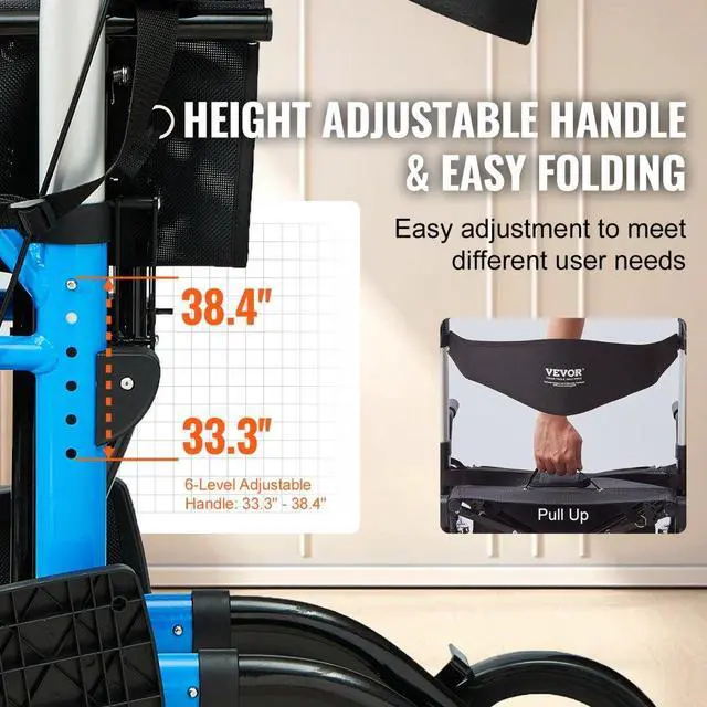 Alt view image 4 of 14 - VEVOR 2 in 1 Rollator Walker & Transport Chair for Seniors, Folding Rolling Walker Wheelchair Combo & Footrests, Lightweight Aluminum Mobility Walker with Adjustable Handle, All Terrain Wheels, 300LBS