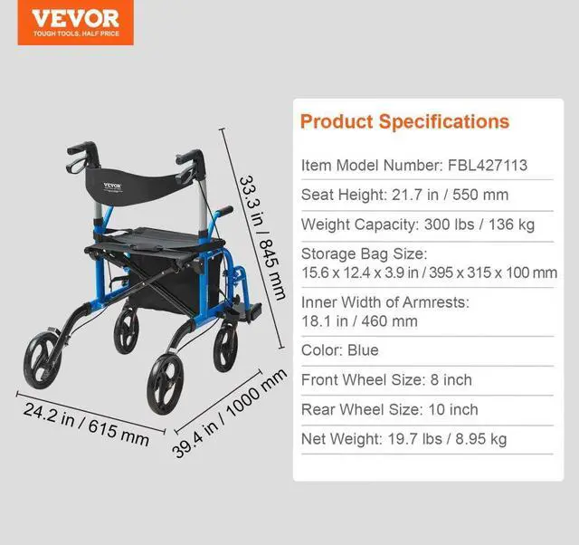 Alt view image 7 of 14 - VEVOR 2 in 1 Rollator Walker & Transport Chair for Seniors, Folding Rolling Walker Wheelchair Combo & Footrests, Lightweight Aluminum Mobility Walker with Adjustable Handle, All Terrain Wheels, 300LBS