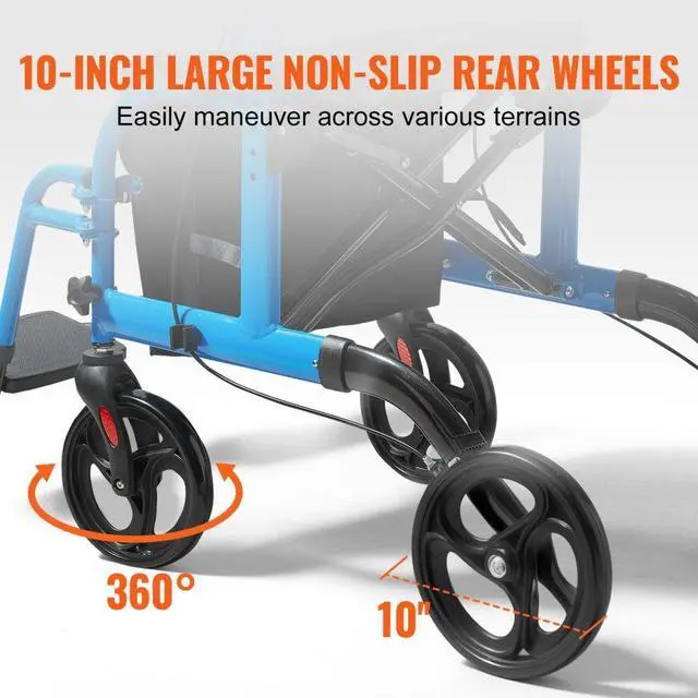 Alt view image 5 of 14 - VEVOR 2 in 1 Rollator Walker & Transport Chair for Seniors, Folding Rolling Walker Wheelchair Combo & Footrests, Lightweight Aluminum Mobility Walker with Adjustable Handle, All Terrain Wheels, 300LBS