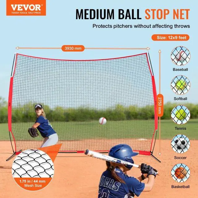 Alt view image 2 of 7 - VEVOR Barricade Backstop Net, 12x9 ft Ball Sports Barrier Netting, Portable Practice Equipment with Carry Bag, Protection Screen for Baseball Softball Lacrosse Soccer Hockey Training, for Backyard