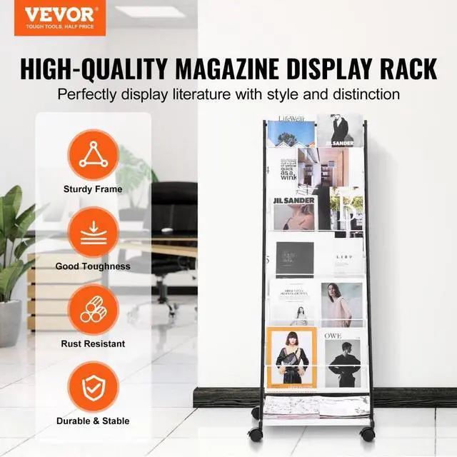Alt view image 2 of 7 - VEVOR  Brochure Display Rack, 6-Tier Magazine Literature Display Stand, Floor Standing Magazine Rack Newspaper Catalog Holders, Movable with 4 Wheels (2 Lockable) for Shop Exhibitions Office, 6 Pocke