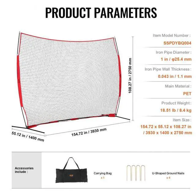 Alt view image 7 of 7 - VEVOR Barricade Backstop Net, 12x9 ft Ball Sports Barrier Netting, Portable Practice Equipment with Carry Bag, Protection Screen for Baseball Softball Lacrosse Soccer Hockey Training, for Backyard