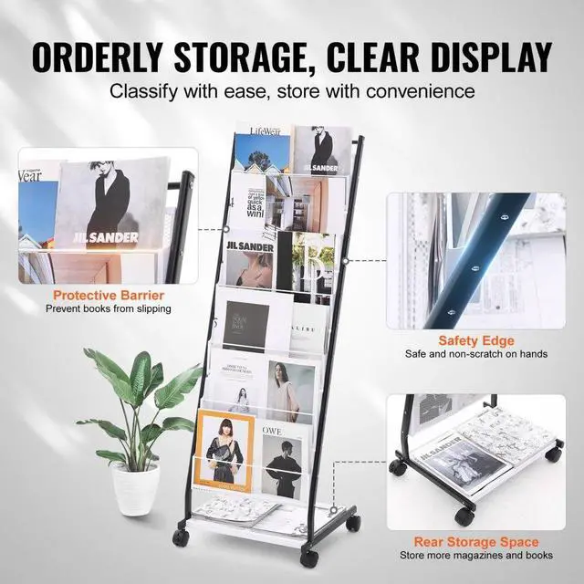 Alt view image 4 of 7 - VEVOR  Brochure Display Rack, 6-Tier Magazine Literature Display Stand, Floor Standing Magazine Rack Newspaper Catalog Holders, Movable with 4 Wheels (2 Lockable) for Shop Exhibitions Office, 6 Pocke
