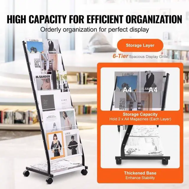 Alt view image 3 of 7 - VEVOR  Brochure Display Rack, 6-Tier Magazine Literature Display Stand, Floor Standing Magazine Rack Newspaper Catalog Holders, Movable with 4 Wheels (2 Lockable) for Shop Exhibitions Office, 6 Pocke