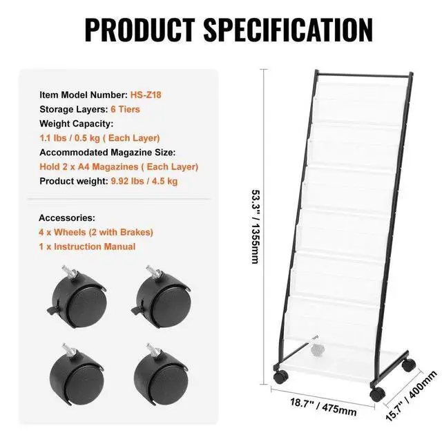 Alt view image 7 of 7 - VEVOR  Brochure Display Rack, 6-Tier Magazine Literature Display Stand, Floor Standing Magazine Rack Newspaper Catalog Holders, Movable with 4 Wheels (2 Lockable) for Shop Exhibitions Office, 6 Pocke