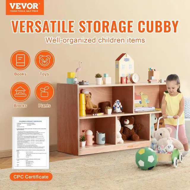 Alt view image 2 of 7 - VEVOR Cubby Toy Organizer Storage Cabinet, 5-Compartment Cubby Storage Shelf, 48''W Kids Toy Storage Cabinet 2-Shelf, Classroom Cubbies, Classroom Furniture for Home, Daycare and Preschool, Natural