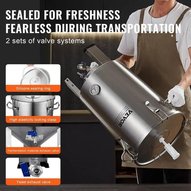 Alt view image 3 of 7 - VEVOR 304 Stainless Steel Kettle, 8 GALLON Beer Brew Fermentor, Brew Bucket Fermentor for Brewing, Home Brewing Supplies with Base, Kettle Stock Pot Includes Lid, Handle, Valve, Spigot, Thermometer