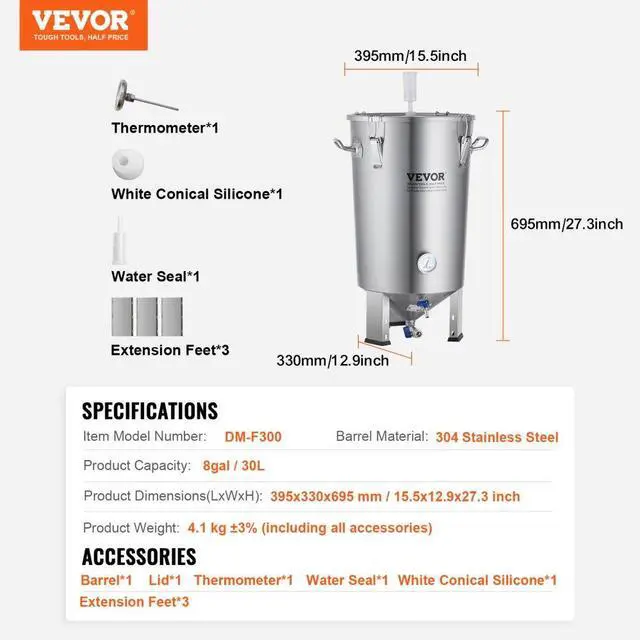 Alt view image 7 of 7 - VEVOR 304 Stainless Steel Kettle, 8 GALLON Beer Brew Fermentor, Brew Bucket Fermentor for Brewing, Home Brewing Supplies with Base, Kettle Stock Pot Includes Lid, Handle, Valve, Spigot, Thermometer