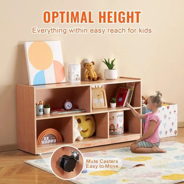 Alt view image 3 of 7 - VEVOR Cubby Toy Organizer Storage Cabinet, 5-Compartment Cubby Storage Shelf, 48''W Kids Toy Storage Cabinet 2-Shelf, Classroom Cubbies, Classroom Furniture for Home, Daycare and Preschool, Natural