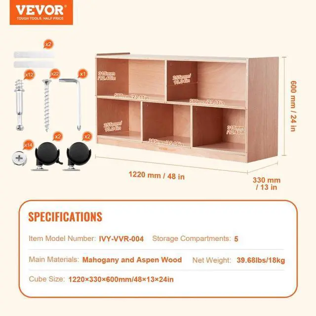 Alt view image 7 of 7 - VEVOR Cubby Toy Organizer Storage Cabinet, 5-Compartment Cubby Storage Shelf, 48''W Kids Toy Storage Cabinet 2-Shelf, Classroom Cubbies, Classroom Furniture for Home, Daycare and Preschool, Natural