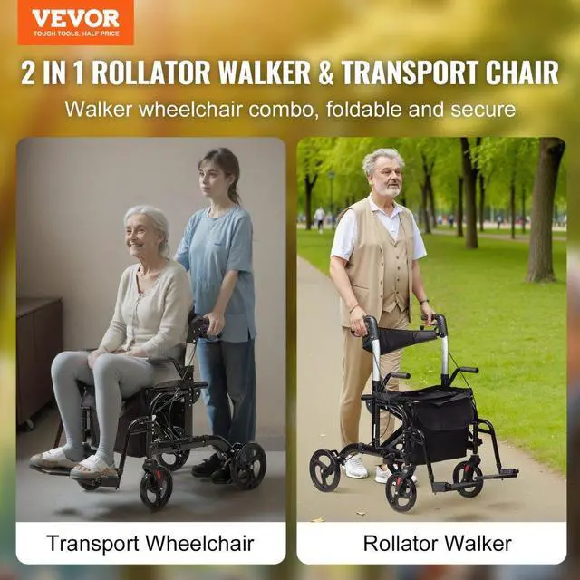Alt view image 2 of 7 - VEVOR 2 in 1 Rollator Walker & Transport Chair for Seniors, Folding Rolling Walker Wheelchair Combo & Footrests, Lightweight Aluminum Mobility Walker with Adjustable Handle, All Terrain Wheels, 300LBS