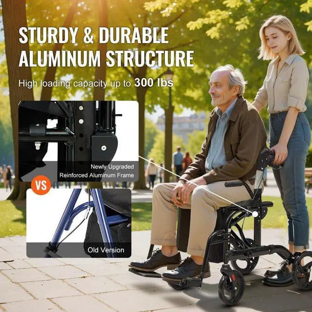 Alt view image 3 of 7 - VEVOR 2 in 1 Rollator Walker & Transport Chair for Seniors, Folding Rolling Walker Wheelchair Combo & Footrests, Lightweight Aluminum Mobility Walker with Adjustable Handle, All Terrain Wheels, 300LBS