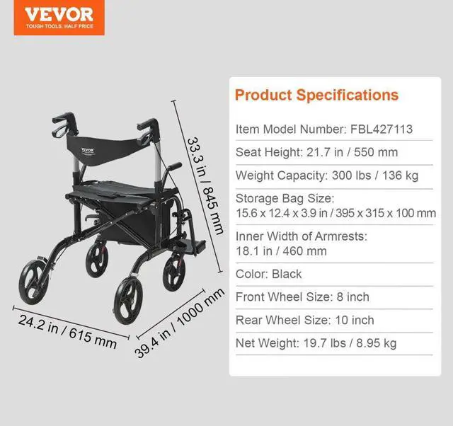 Alt view image 7 of 7 - VEVOR 2 in 1 Rollator Walker & Transport Chair for Seniors, Folding Rolling Walker Wheelchair Combo & Footrests, Lightweight Aluminum Mobility Walker with Adjustable Handle, All Terrain Wheels, 300LBS
