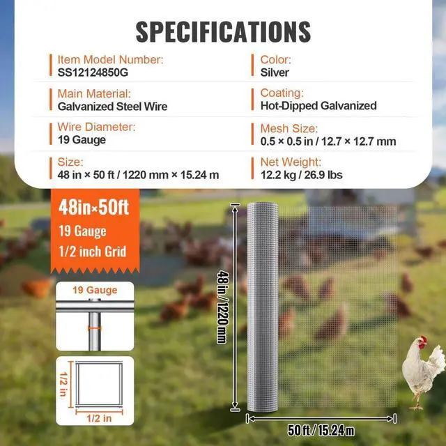 Alt view image 7 of 7 - VEVOR Hardware Cloth, 1/2 inch 48in x 50 ft 19 Gauge, Hot Dipped Galvanized Wire Mesh Roll, Chicken Wire Fencing, Wire Mesh for Rabbit Cages, Garden, Small Rodents